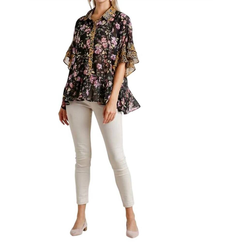 Umgee USA M Floral & Animal Print Top Black Layered Bell Sleeve Sheer Pullover